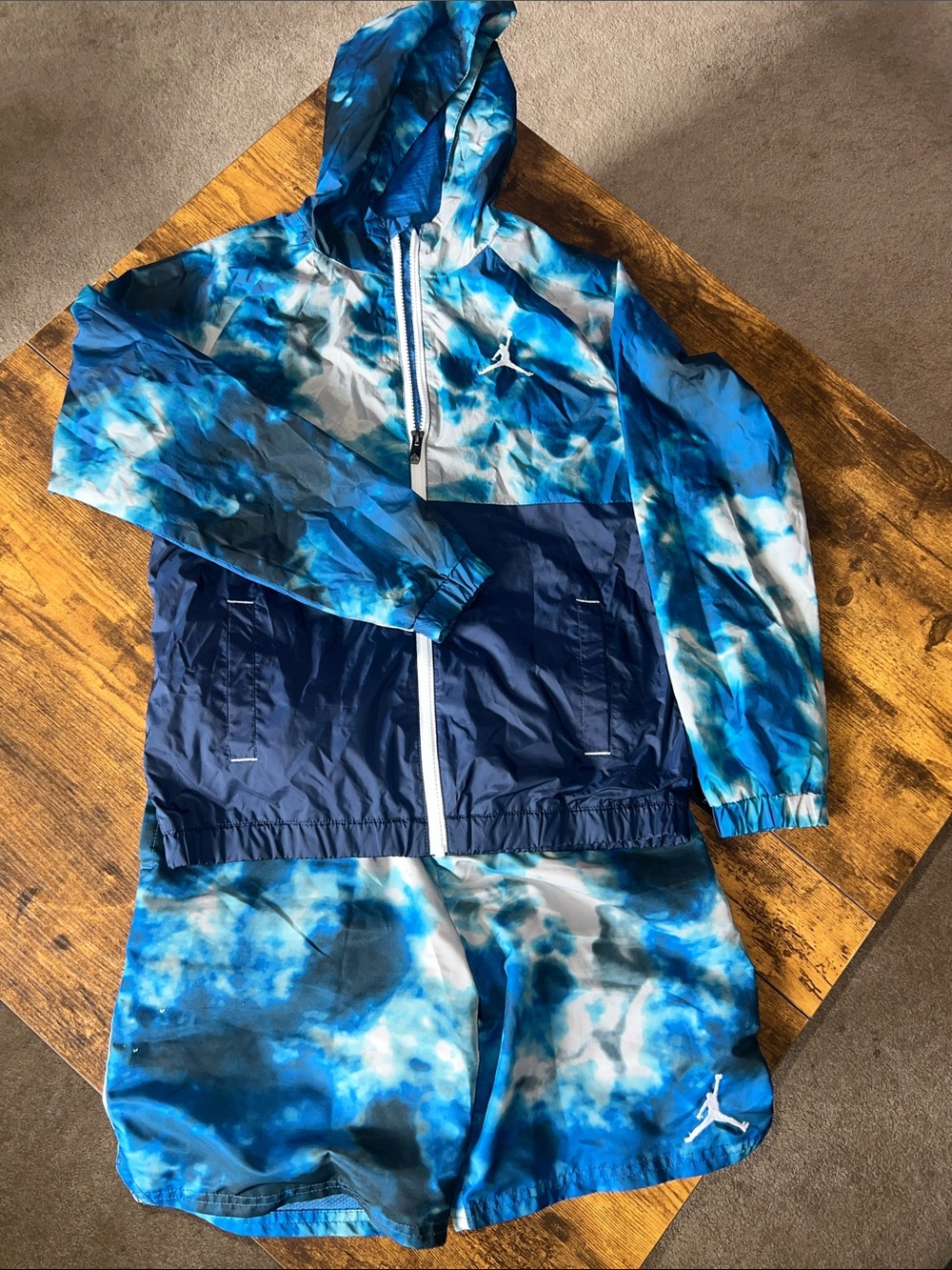 Jordan Blue Tie-Dye Hooded Short and Jacket Set with Navy panels